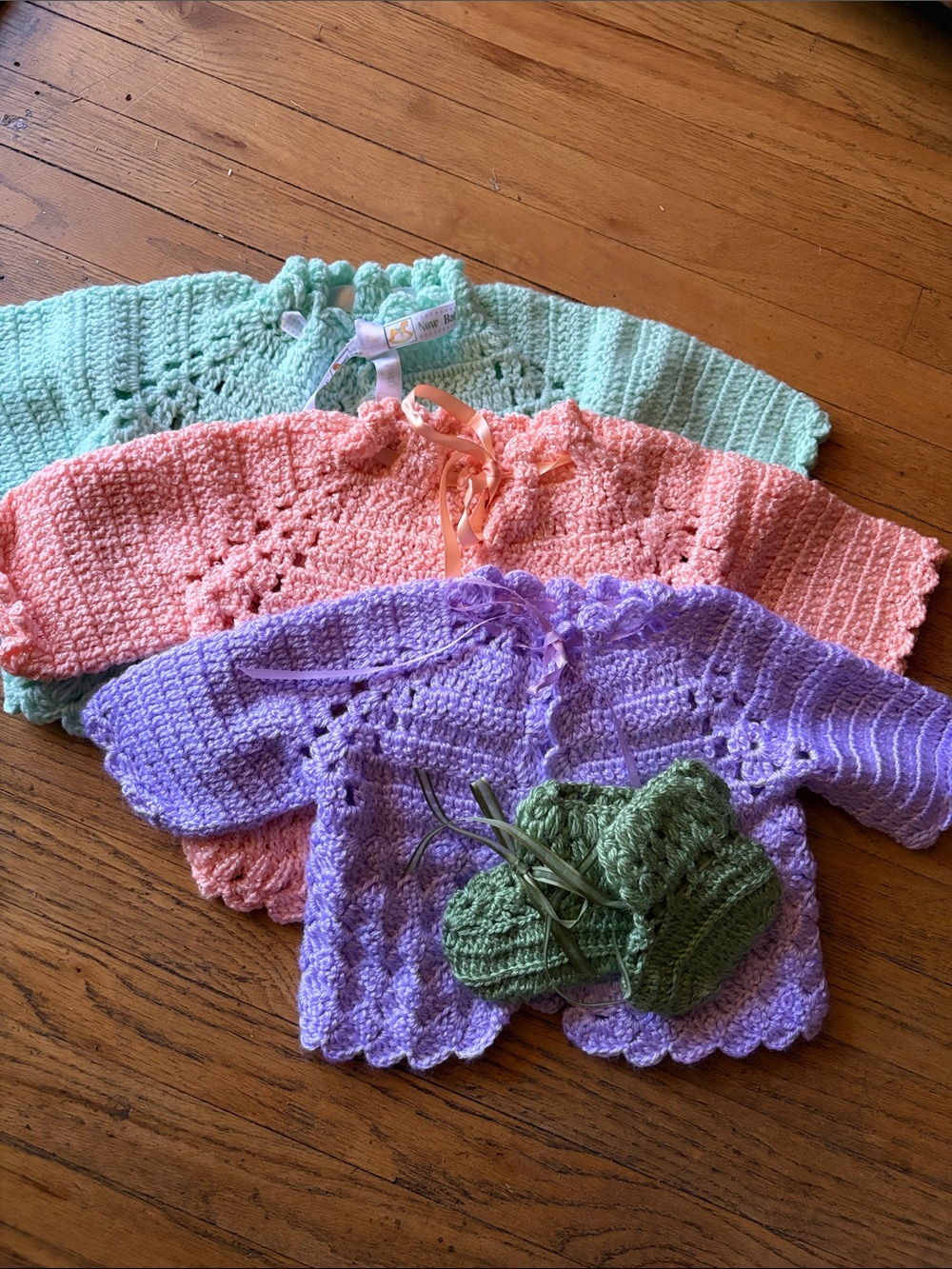Handmade Kids Cardigan Set in Purple, Peach & Mint